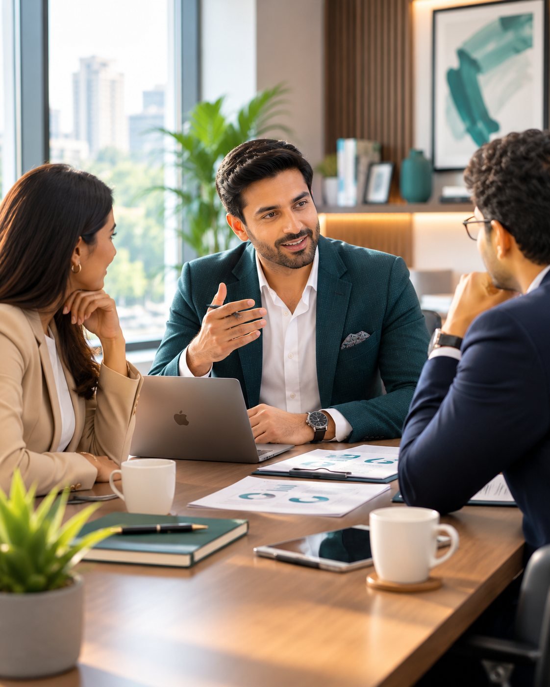 A business leader in conversation with colleagues at a Saphalam meeting